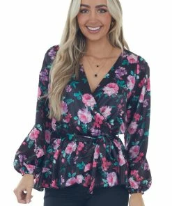 Peach Love Black Floral Print Satin Surplice Top With Tie