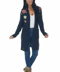 IWT Brands Navy Ribbed Cardigan With Floral Embroidery Tops