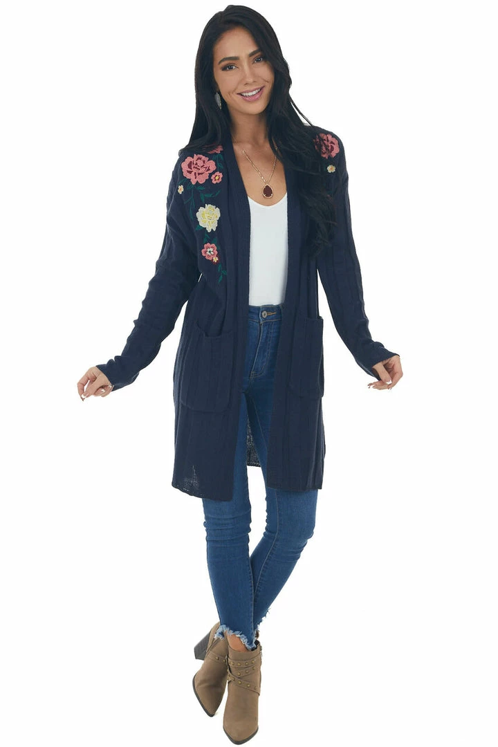 IWT Brands Navy Ribbed Cardigan With Floral Embroidery Tops 4 IWT Brands Navy Ribbed Cardigan With Floral Embroidery Tops