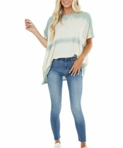 Easel Cream And Sage Washed Oversized Top With Side Pockets