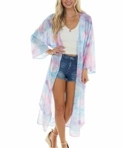Ninexis Sky Blue Tie Dye Open Front Chiffon Kimono Tops