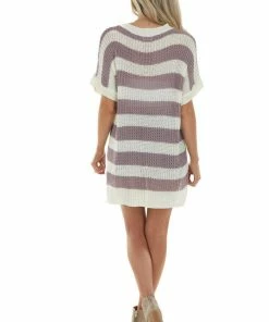 La Miel Tops Off White And Mauve Striped Loose Knit Top