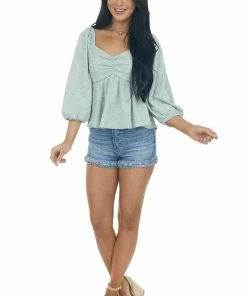 Entro Pastel Sage Floral Textured Babydoll Blouse Tops