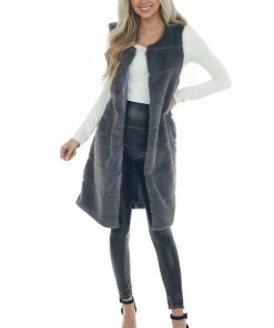 LE FEMME FASHION Graphite Tiered Faux Fur Duster Length Vest 35 LE FEMME FASHION Graphite Tiered Faux Fur Duster Length Vest