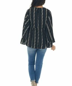 ANGIE Black Floral Print Drop Waist Top With Tie Tops 13 ANGIE Black Floral Print Drop Waist Top With Tie Tops