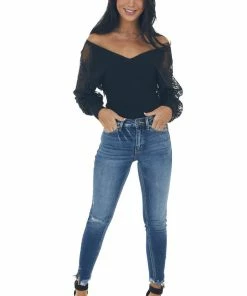 Peach Love Tops Black V Neck Lace Long Sleeve Knit Top