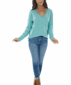 BiBi Tops Heathered Teal Notch Neck Chest Pocket Top