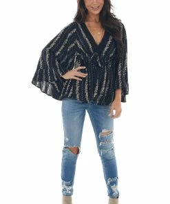 ANGIE Black Floral Print Drop Waist Top With Tie Tops 12 ANGIE Black Floral Print Drop Waist Top With Tie Tops