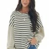 Hayden Tops Beige And Black Striped Bubble Sleeve Knit Top