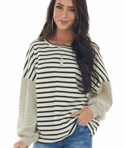 Hayden Tops Beige And Black Striped Bubble Sleeve Knit Top