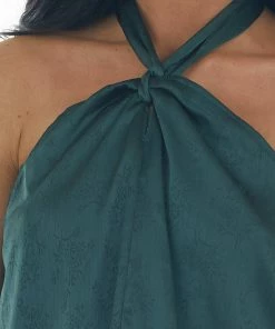 LE LIS Tops Forest Green Floral Textured Halter Neck Top