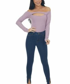 Peach Love Lilac Off The Shoulder Ribbed Knit Top With Cut Out Detail