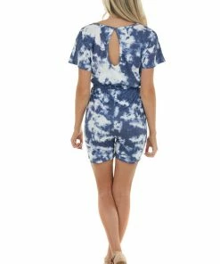 LE FEMME FASHION Stormy Blue Tie Dye Short Sleeve Knit Romper With Front Tie