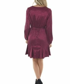 143 Story Dresses Berry Leopard Surplice Flounce Hem Dress
