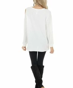 BiBi Ivory Waffle Knit Single Cold Shoulder Top With Neck Cutout 30 BiBi Ivory Waffle Knit Single Cold Shoulder Top With Neck Cutout