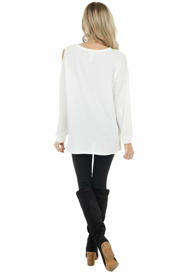 BiBi Ivory Waffle Knit Single Cold Shoulder Top With Neck Cutout 15 BiBi Ivory Waffle Knit Single Cold Shoulder Top With Neck Cutout