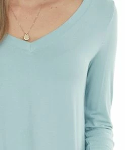 ZENANA Arctic Blue Rounded Hem V Neck Soft Knit Top 27 ZENANA Arctic Blue Rounded Hem V Neck Soft Knit Top