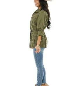 C'est Toi Olive Long Sleeve Jacket With Front Pocket Details