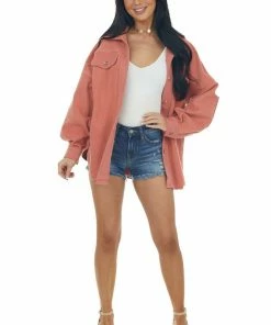 Cezele Terracotta Button Up Oversized Shirt Jacket Tops 28 Cezele Terracotta Button Up Oversized Shirt Jacket Tops
