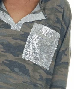 Haptics Tops Camo Print And Silver Sequin Long Sleeve Top