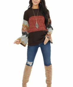 RAE MODE Chocolate Brown And Marsala Knit Top With Aztec Print Sleeve Tops 27 RAE MODE Chocolate Brown And Marsala Knit Top With Aztec Print Sleeve Tops