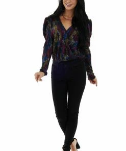 Flying Tomato Black Multicolored Print Surplice Bodysuit Tops