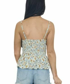 ANGIE Tops Pastel Blue Floral Print Smocked Tank Top