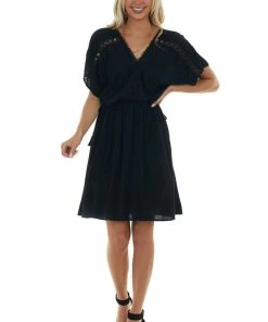 J.NNA Black Crochet Lace Short Sleeve Surplice Dress