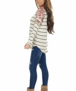 Lovely Melody Heathered Beige Striped Knit Top With Leopard Print Contrast Tops