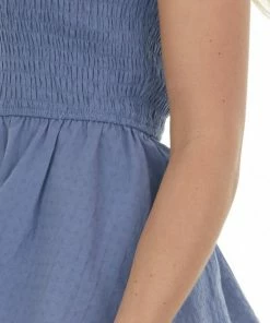 BiBi Steel Blue Smocked Woven Peplum Tank Top Tops