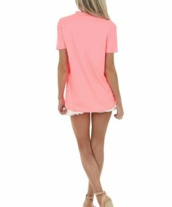 BiBi Neon Pink Ribbed Short Sleeve Knit Top With Cut Out Detail 34 BiBi Neon Pink Ribbed Short Sleeve Knit Top With Cut Out Detail
