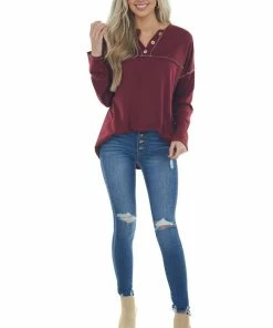 Now N Forever Tops Burgundy Soft Knit V Neck Exposed Seam Top