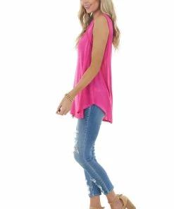 My Story Magenta Sleeveless Stretchy Knit Top With Cut Out Detail