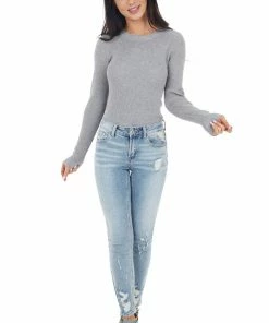 Wishlist Tops Dove Grey Ribbed Knit Bodysuit With Scalloped Neckline
