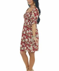 Jodifl Cranberry Red Floral Print Smocked Short Dress