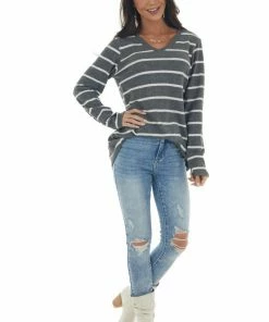 Now N Forever Tops Graphite Striped Brushed Knit V Neckline Top