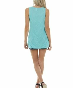 CY Fashion Aqua Loose Knit Tank Top With Leopard Print Front Pocket Tops