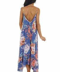 Ces Femme Sapphire Floral Sleeveless Maxi Dress With Rounded V Neck