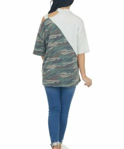 Vanilla Bay Tops Pewter Grey Cold Shoulder Top With Asymmetrical Camo Print