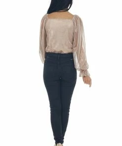 Peach Love Rose Gold Metallic Ruffle Surplice Bodysuit Tops