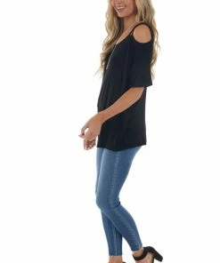 BiBi Black Cold Strapped Shoulder Soft Knit Short Sleeve Top Tops