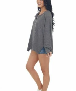 143 Story Tops Charcoal Snap Button Side Slit Waffle Knit Top