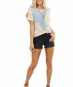 7th Ray Tops Multicolor Tie Dye Short Sleeve Top With Rounded Neckline
