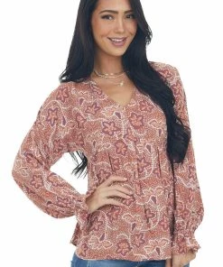 Andree Tops Terracotta Printed Puff Sleeve Babydoll Blouse
