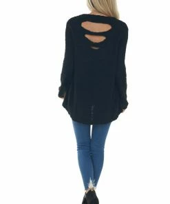 Davi & Dani Black Bubble Sleeve Sweater With Back Cut Outs Tops