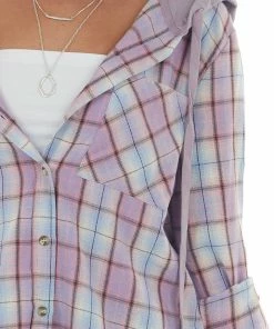 Hem & Thread Tops Orchid Plaid Print Shirt Jacket With Hoodie