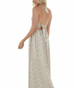 Entro Vanilla Ditsy Floral Halter Tie Maxi Dress Dresses