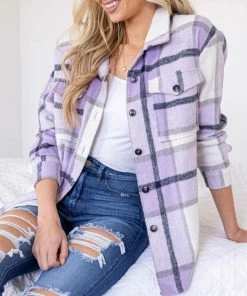 Blue B Tops Lavender Plaid Soft Shirt Jacket With Pockets