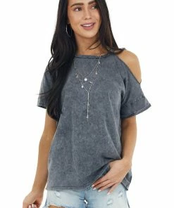 Mustard Seed Tops Graphite Mineral Washed Short Sleeve Cold Shoulder Knit Tee