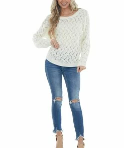 Andree Tops Cream Open Back Pointelle Knit Sweater